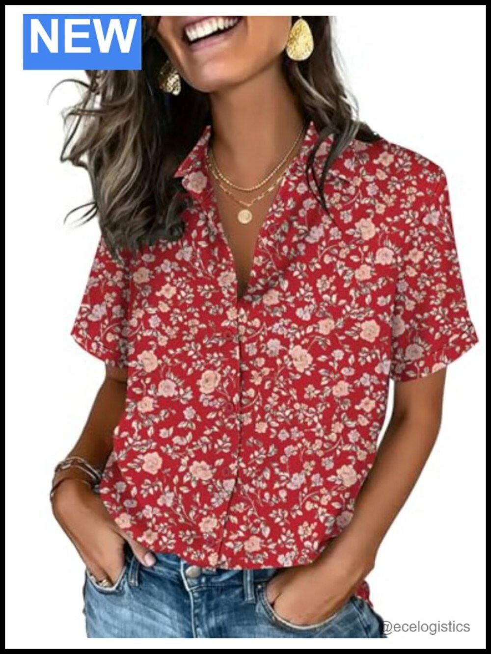 Short Sleeve Button Down Blouse V-Neck Dressy Casual Work Shirt